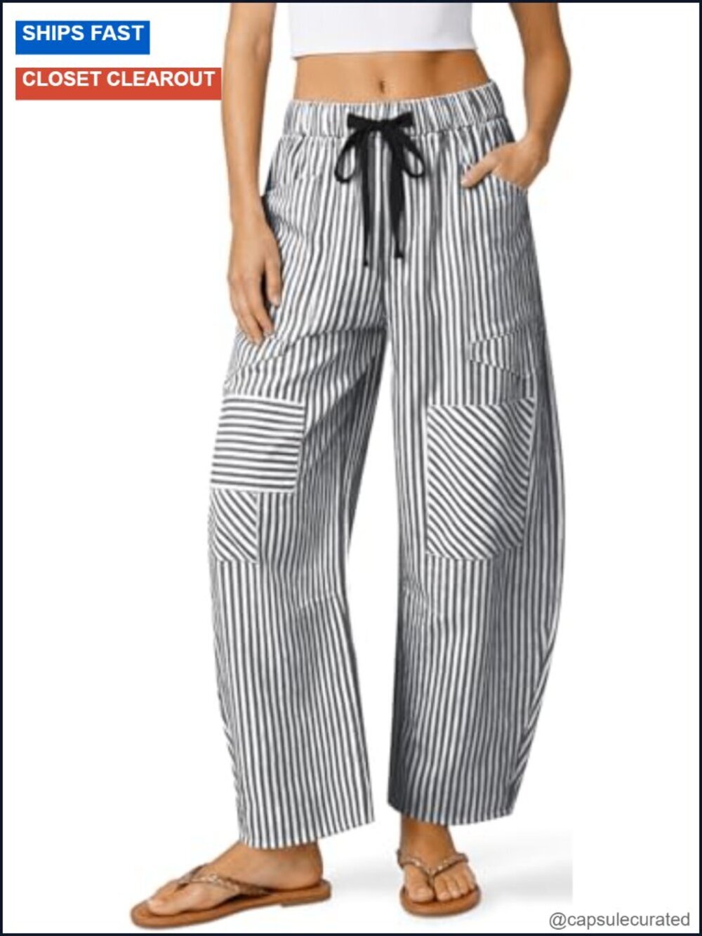 Women's Striped Linen Barrel Pants Wide Leg Drawstring Baggy Summer Beach Lounge